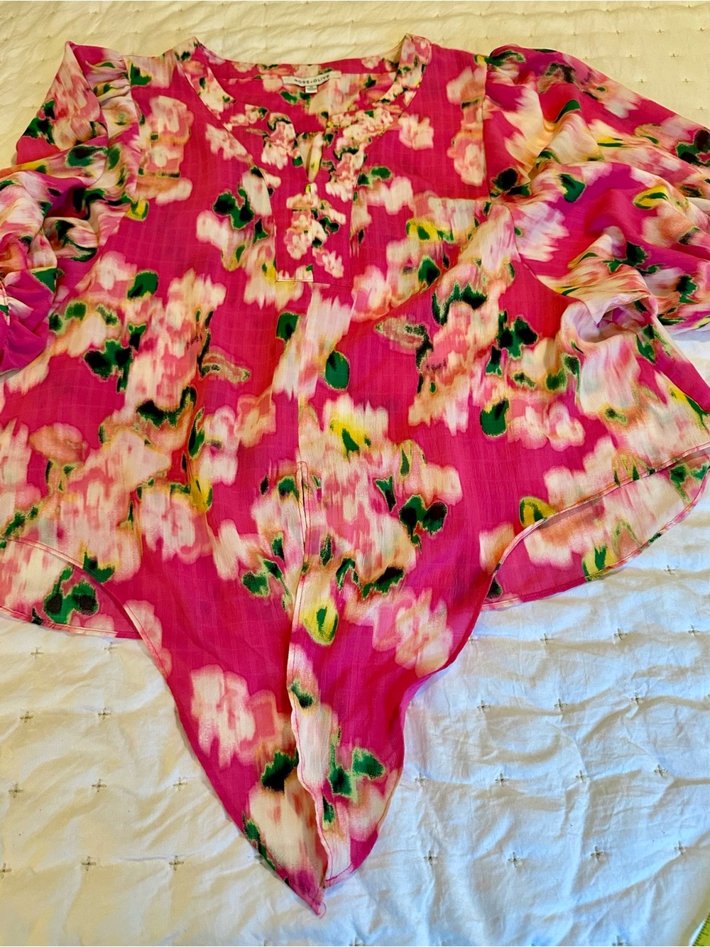 Rose & Olive Floral Puff Sleeve Tie Front Blouse XL - Like New - Picture 10 of 13